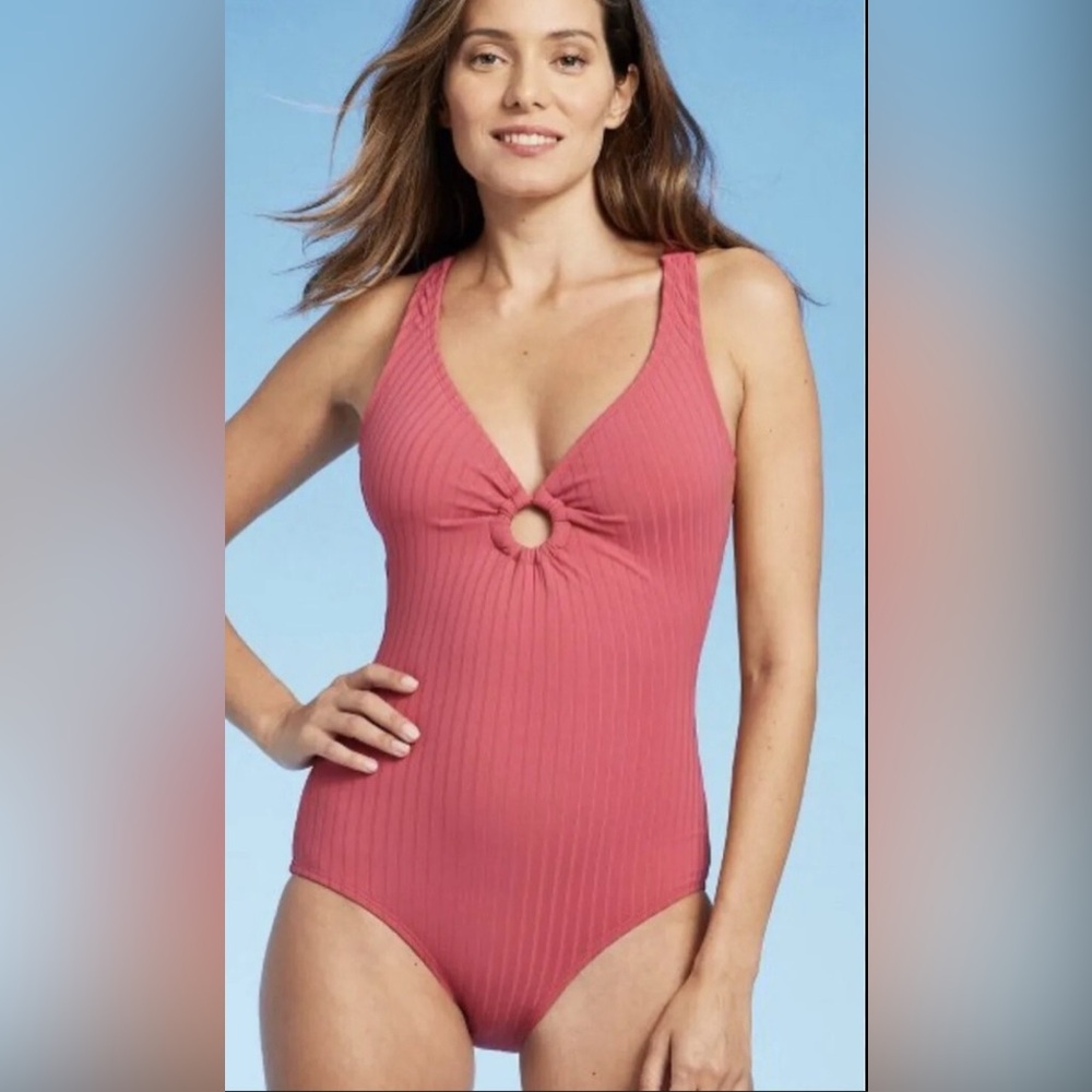 Kona Sol Coral Bodysuit Swimsuit with Front Ring Detail